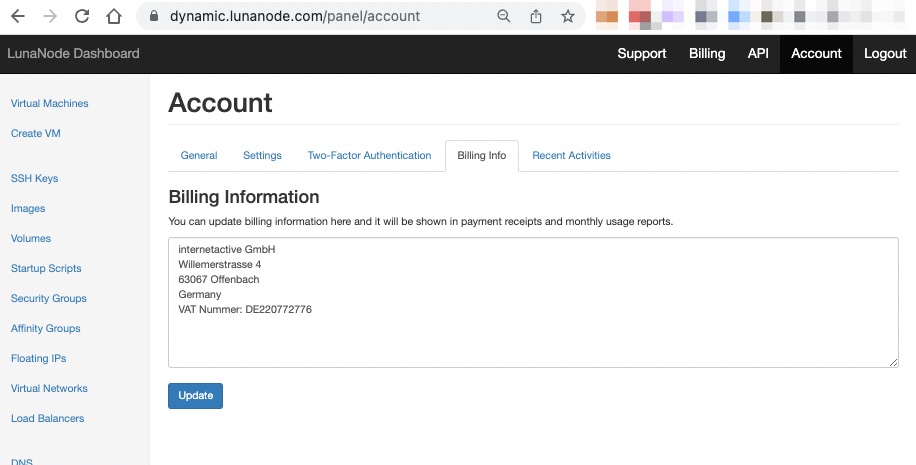 Lunanode Account Information