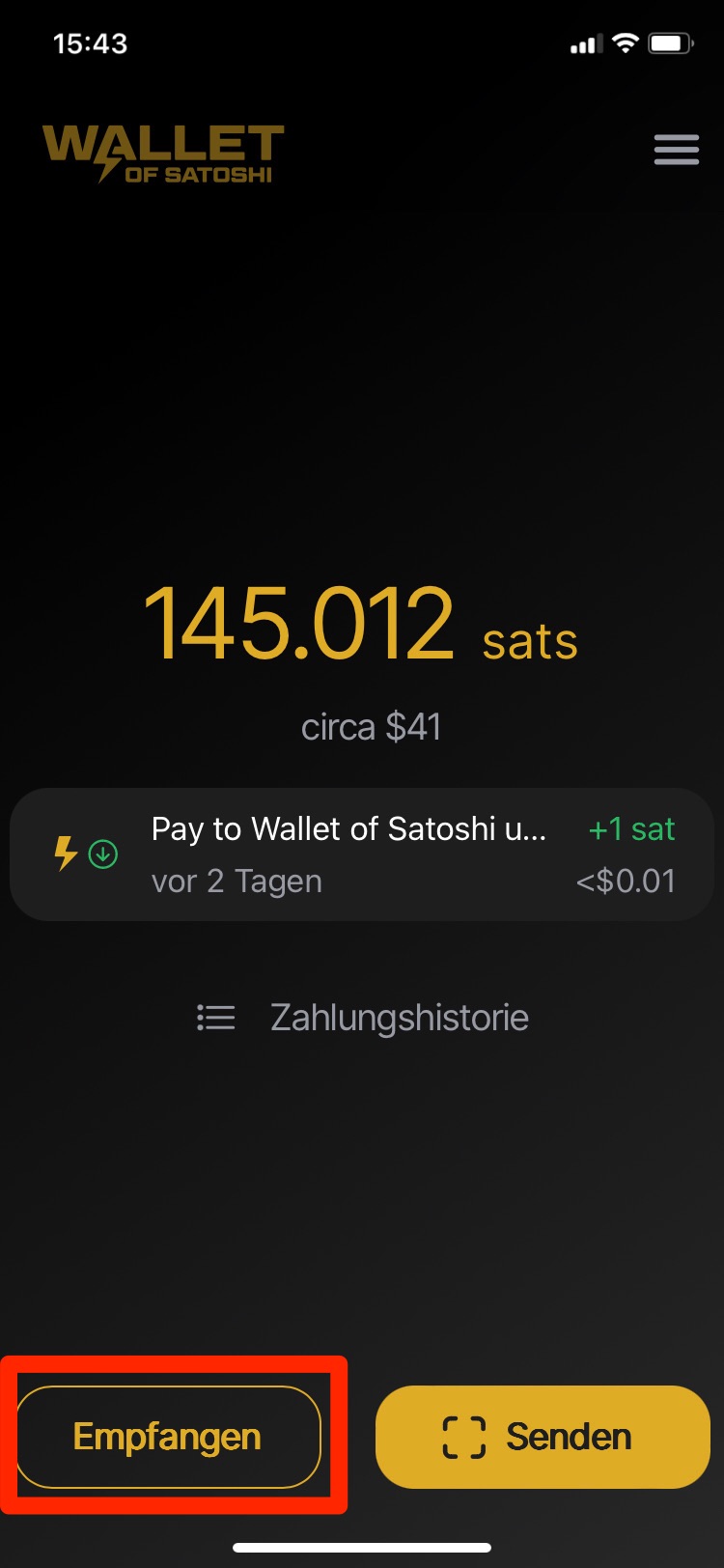 Wallet of Satoshi Lightning erhalten