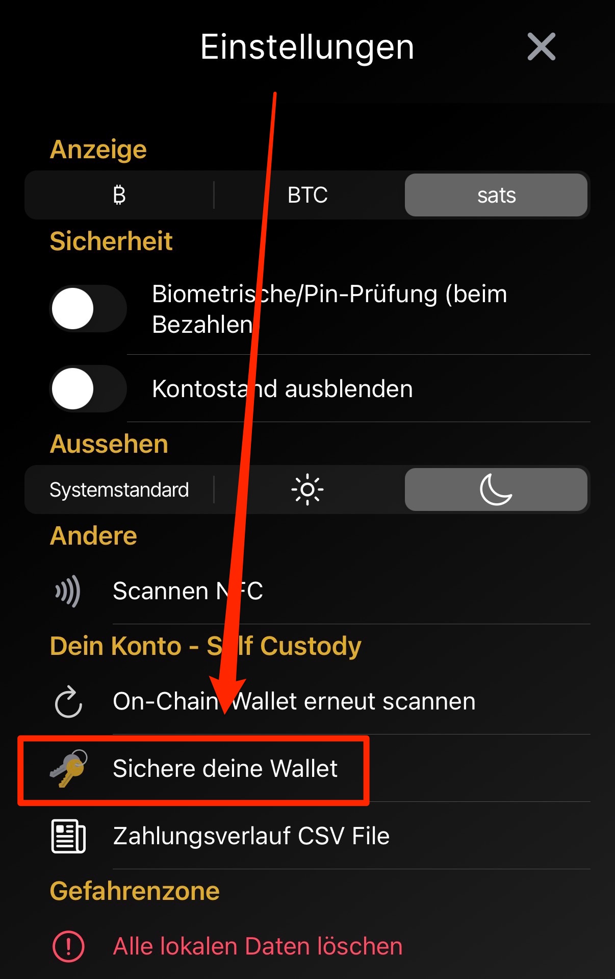Screenshot Sichere deine Wallet of Satoshi