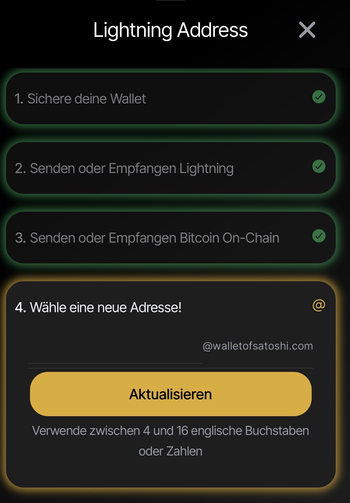 Screenshot Wallet of Satoshi Lightning Adresse personalisieren