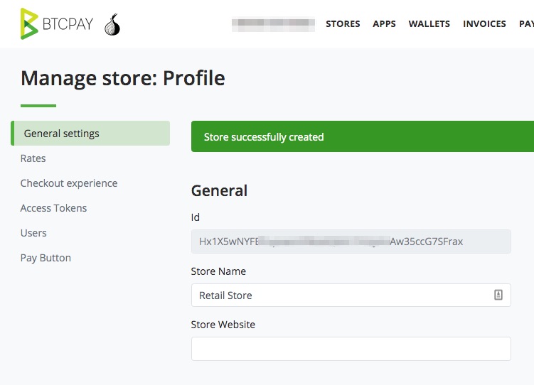 General Settings for a new BTCPay Store