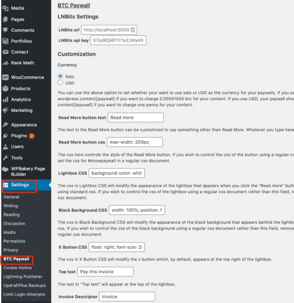 BTC Paywall Wordpress Settings