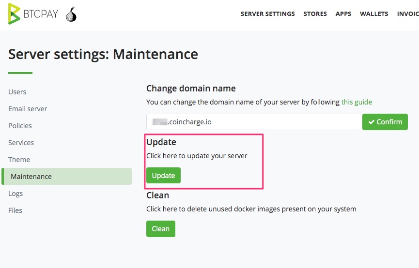 Update BTCPay Server Settings Maintenance