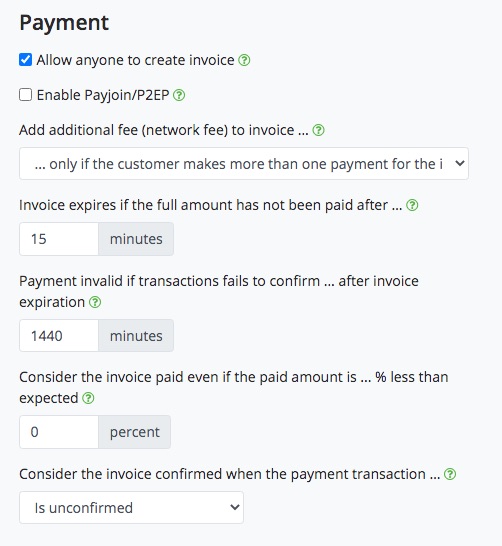 BTCPay Store general settings payments