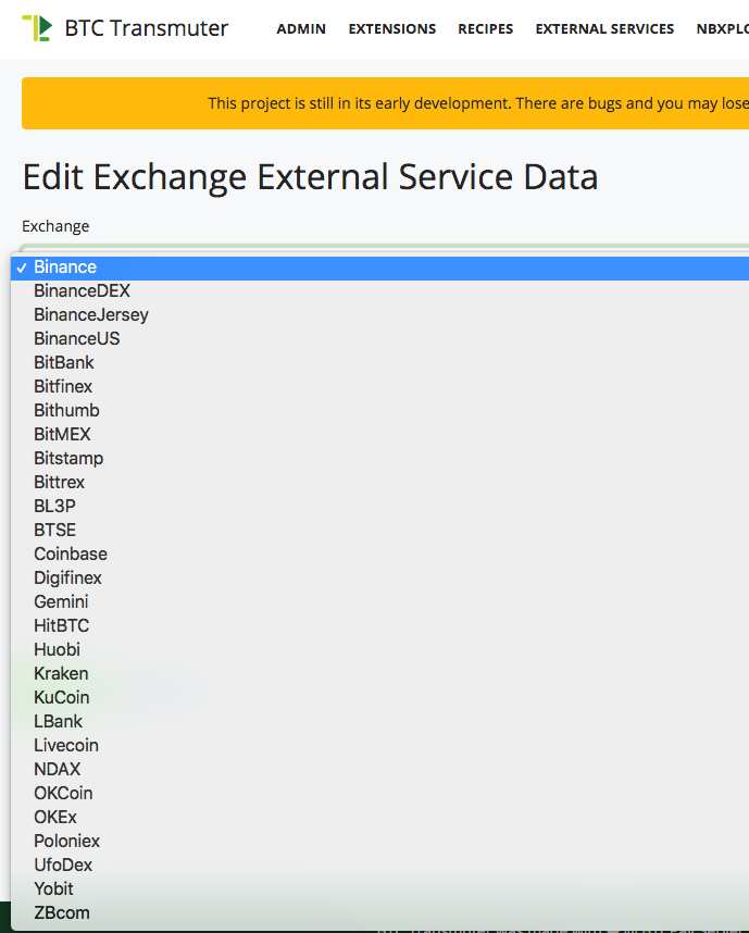 Overview of all Bitcoin exchanges at BTCPay transmuter