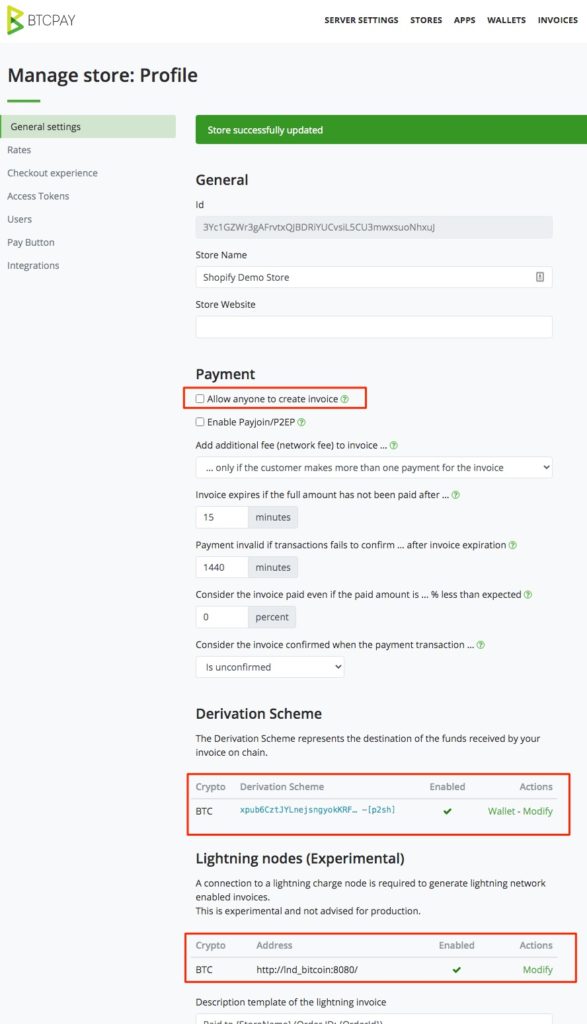 Shopify BTCPay General Settings