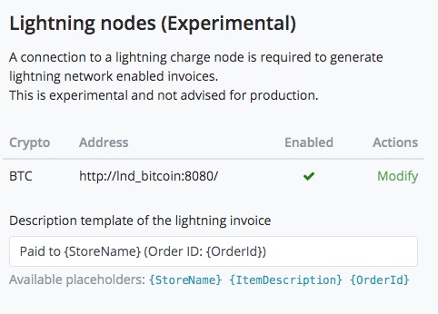 BTCPay Store general settings lightning nodes