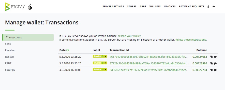 BTCPay Wallet Transaktionsübersicht