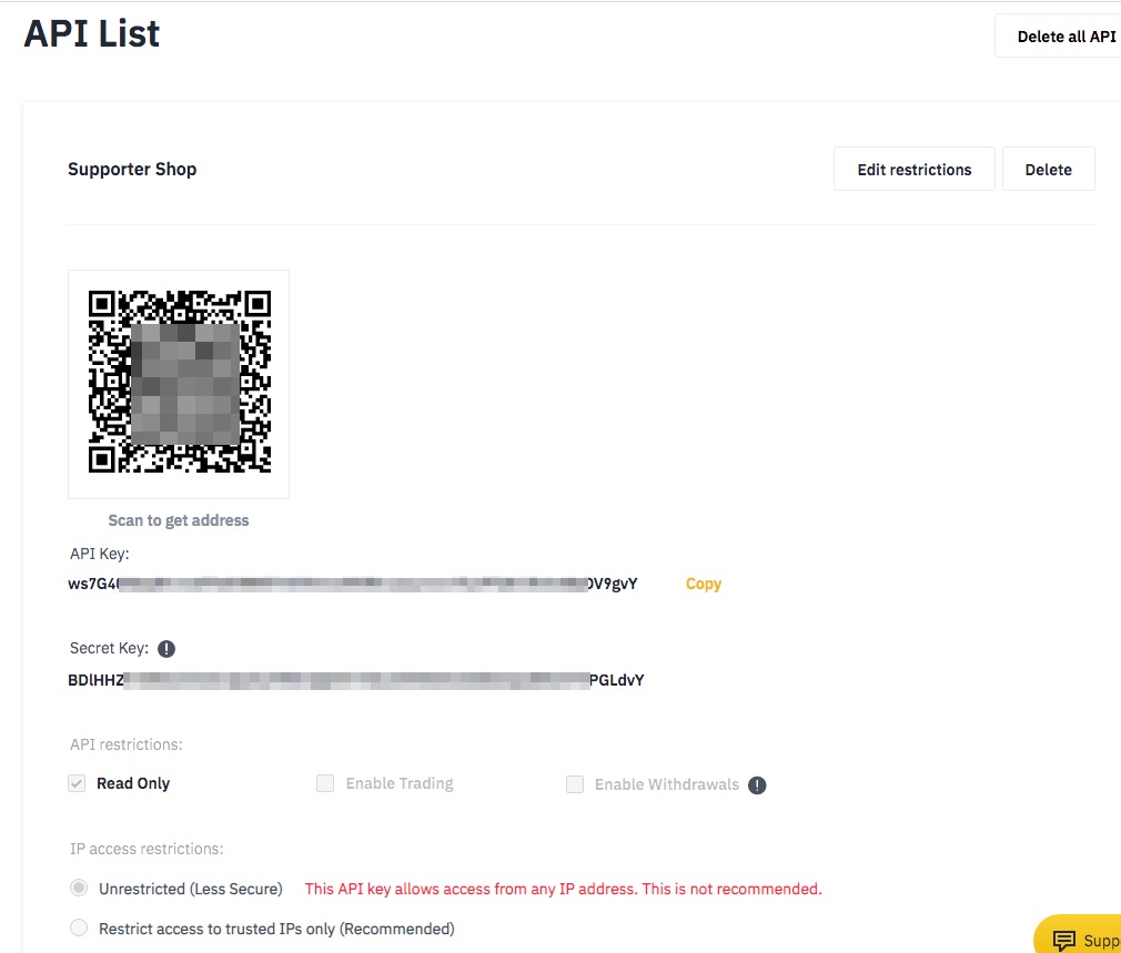 API List bei Binance