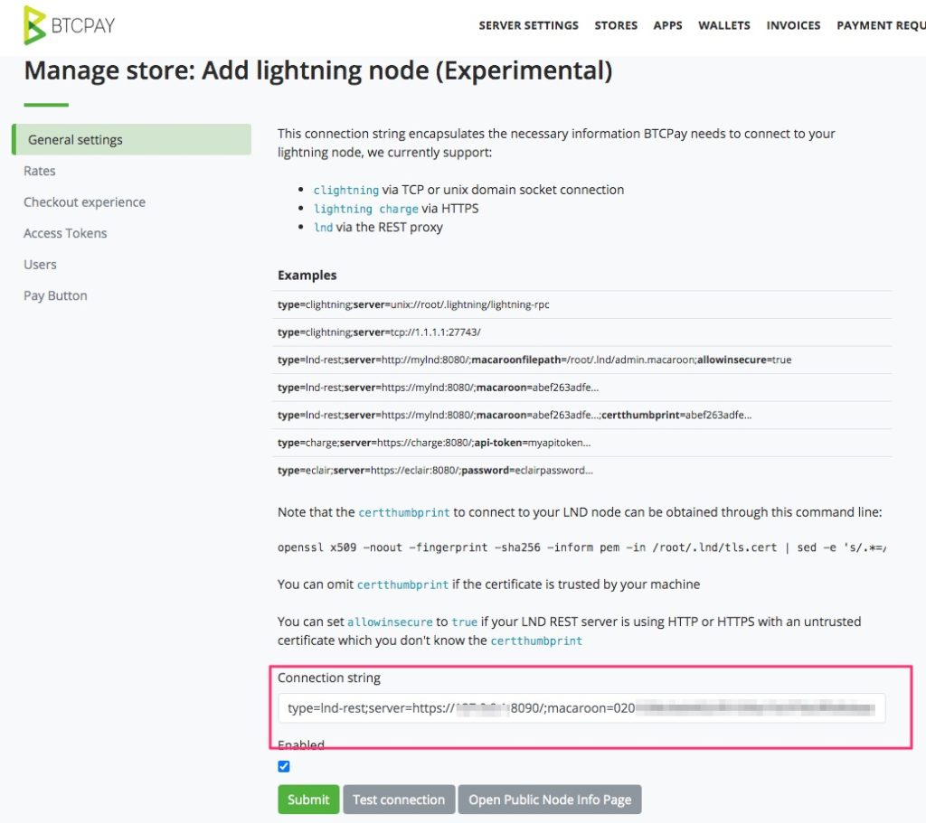 BTCPay LND Store Settings