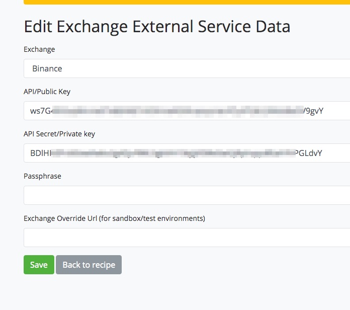 Deposita i dati API da Binance a BTCPay Transmuter