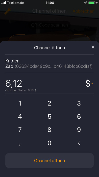 ZAP Wallet Zahlungskanal eröffnen
