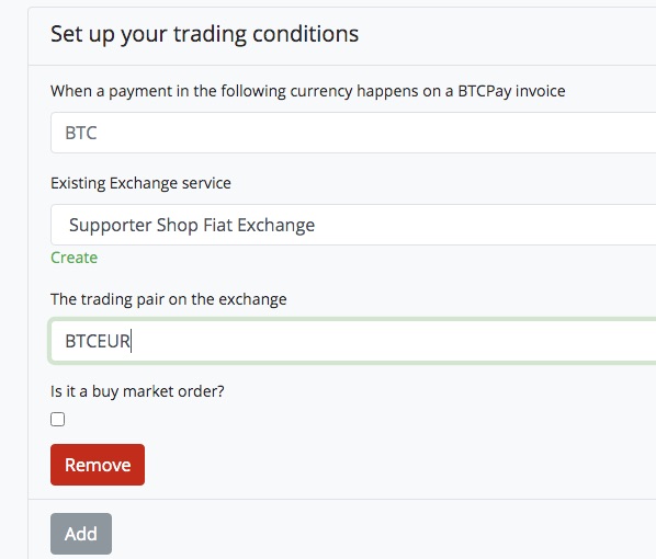 Imposta le condizioni di trading su BTCpay Transmuter