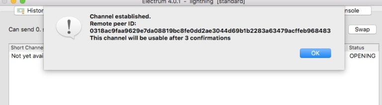 Electrum Lightning Wallet Channel established
