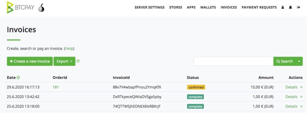 Panoramica delle fatture su BTCpay confermate e complete