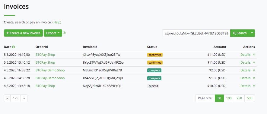 BTCPay Invoices