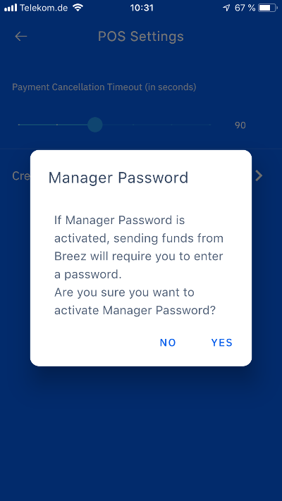 Breez Wallet Lightning POS Terminal Passwortschutz