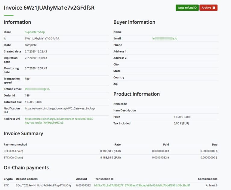 Invoice detail overview with export function for Bitcoin accounting