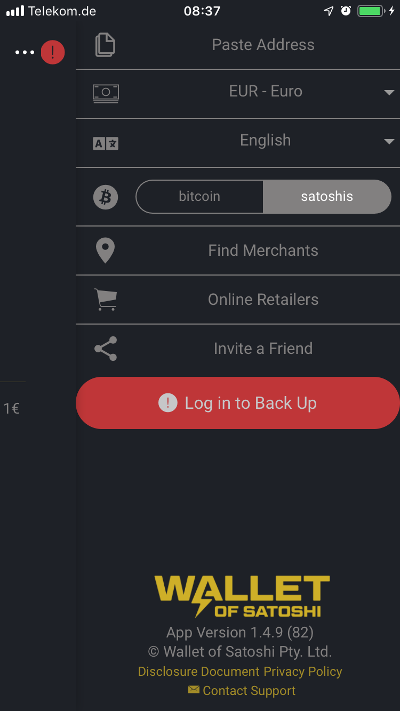 Wallet of Satoshi more settings options