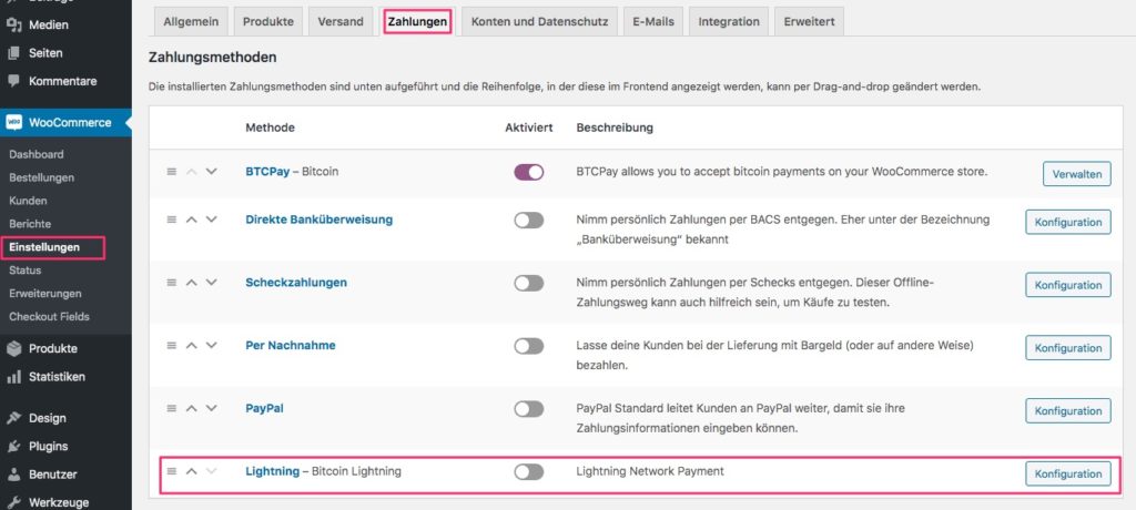 WooCommerce c-lightning installieren