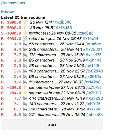 lntxbot Transaktionsübersicht
