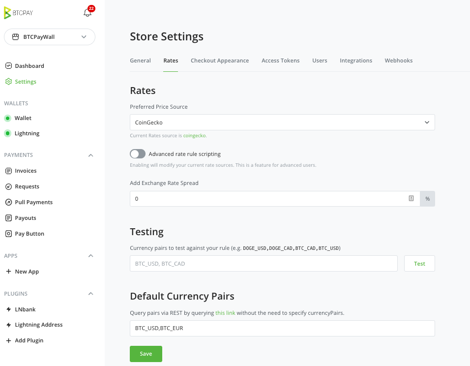 BTCPay Store Settings Rates