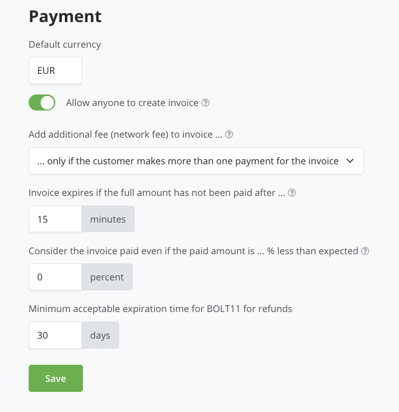 BTCPay Store General Settings Payment