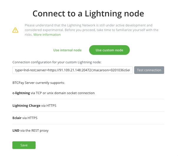 BTCPay Lightning Node hinterlegen als Use custom node