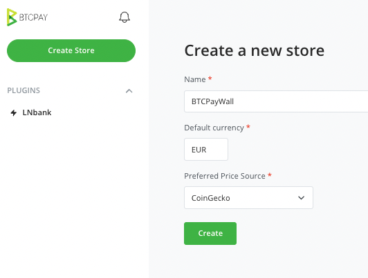 Erstelle einen neuen BTCPay Store