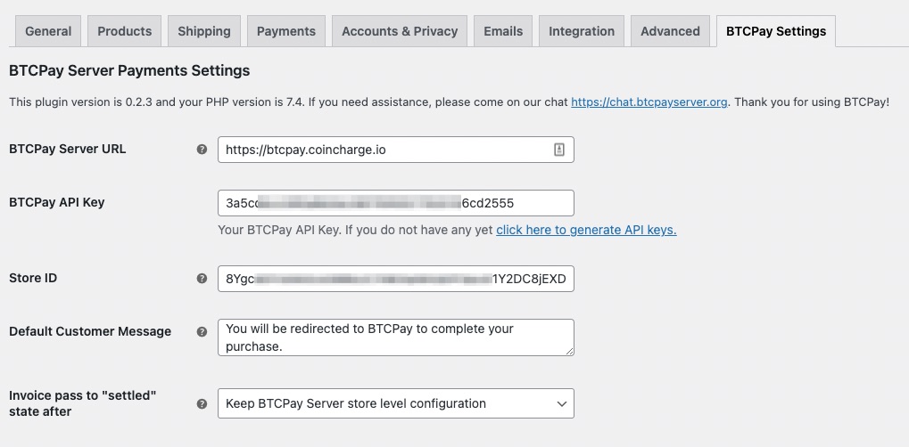 BTCPay Server Payment Settings