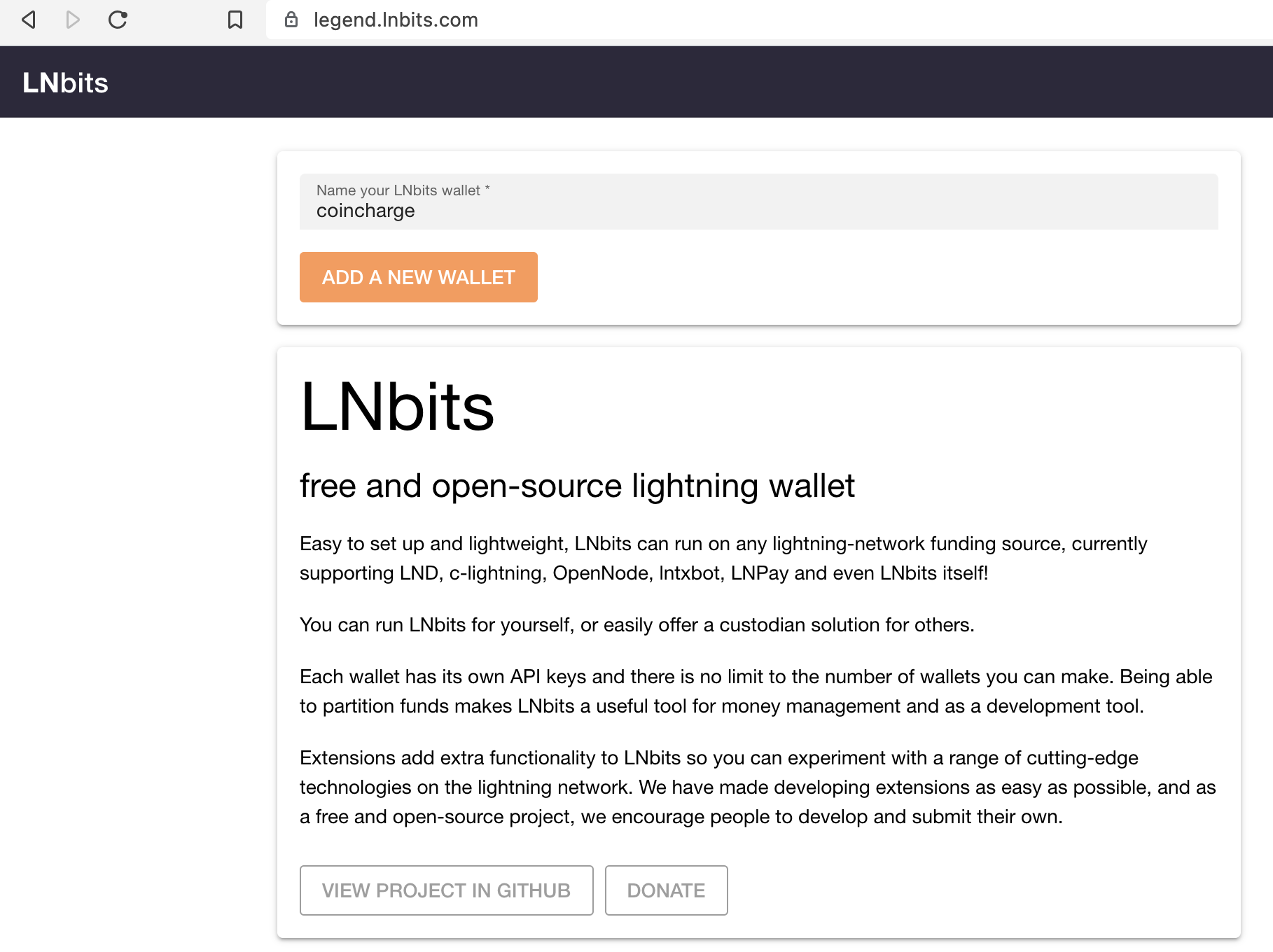 legend lnbits add a new wallet
