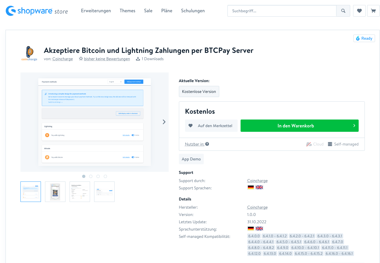 Accept Bitcoin and Lightning payments via BTCPay server