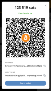 Coinsnap Zahlungsfenster für Bitcoin Zahlung