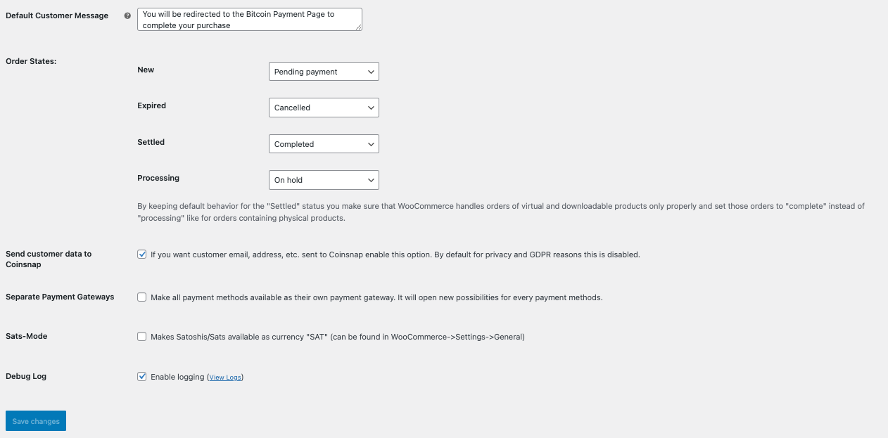 Woocommerce Coinsnap Plugin Settings