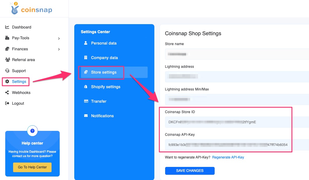 Coinsnap Shop Settings