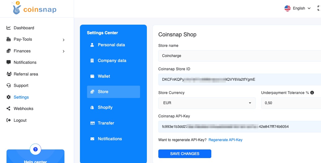 Coinsnap Store Settings