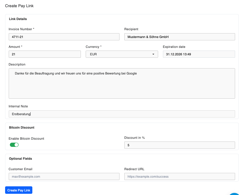 Bitcoin Payment Link Form Bitcoin Payment Link Form