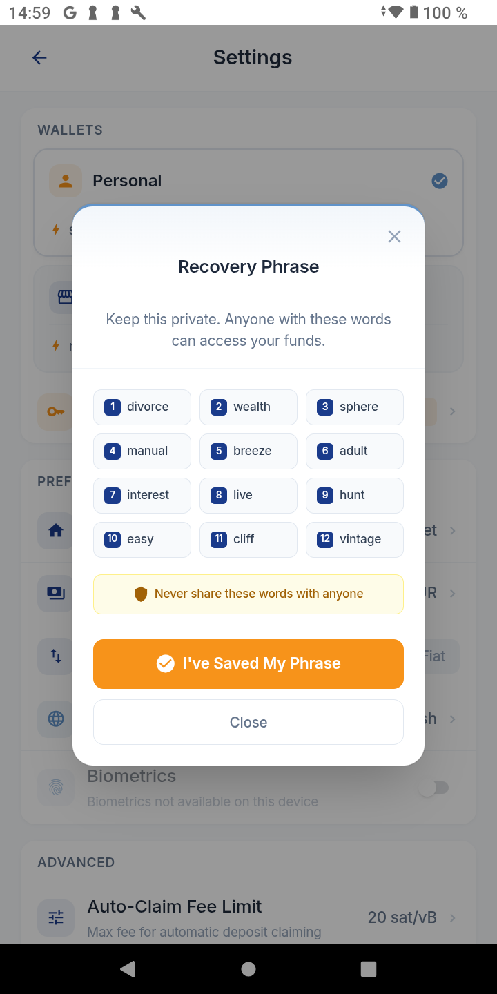 Coinsnap Recovery Seed Backup